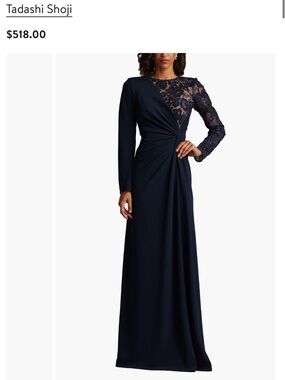 Tadashi Shoji Navy Lace & Sequin Long Sleeve Twist Gown Sz 12